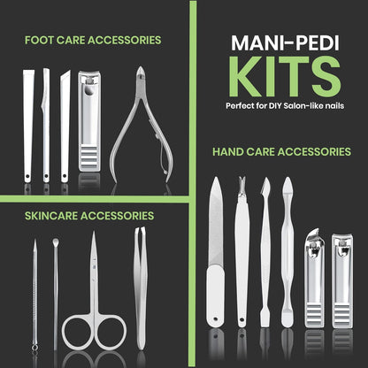Manicure Kit for Women and Men, Manicure Set with Nail Clippers or Nail Kit Includes Fingernail & Toenail Clippers,15-Pcs Pedicure Kit Stocking Stuffers with Travel Case - Green
