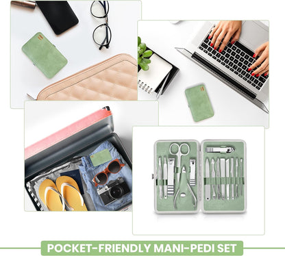 Manicure Kit for Women and Men, Manicure Set with Nail Clippers or Nail Kit Includes Fingernail & Toenail Clippers,15-Pcs Pedicure Kit Stocking Stuffers with Travel Case - Green