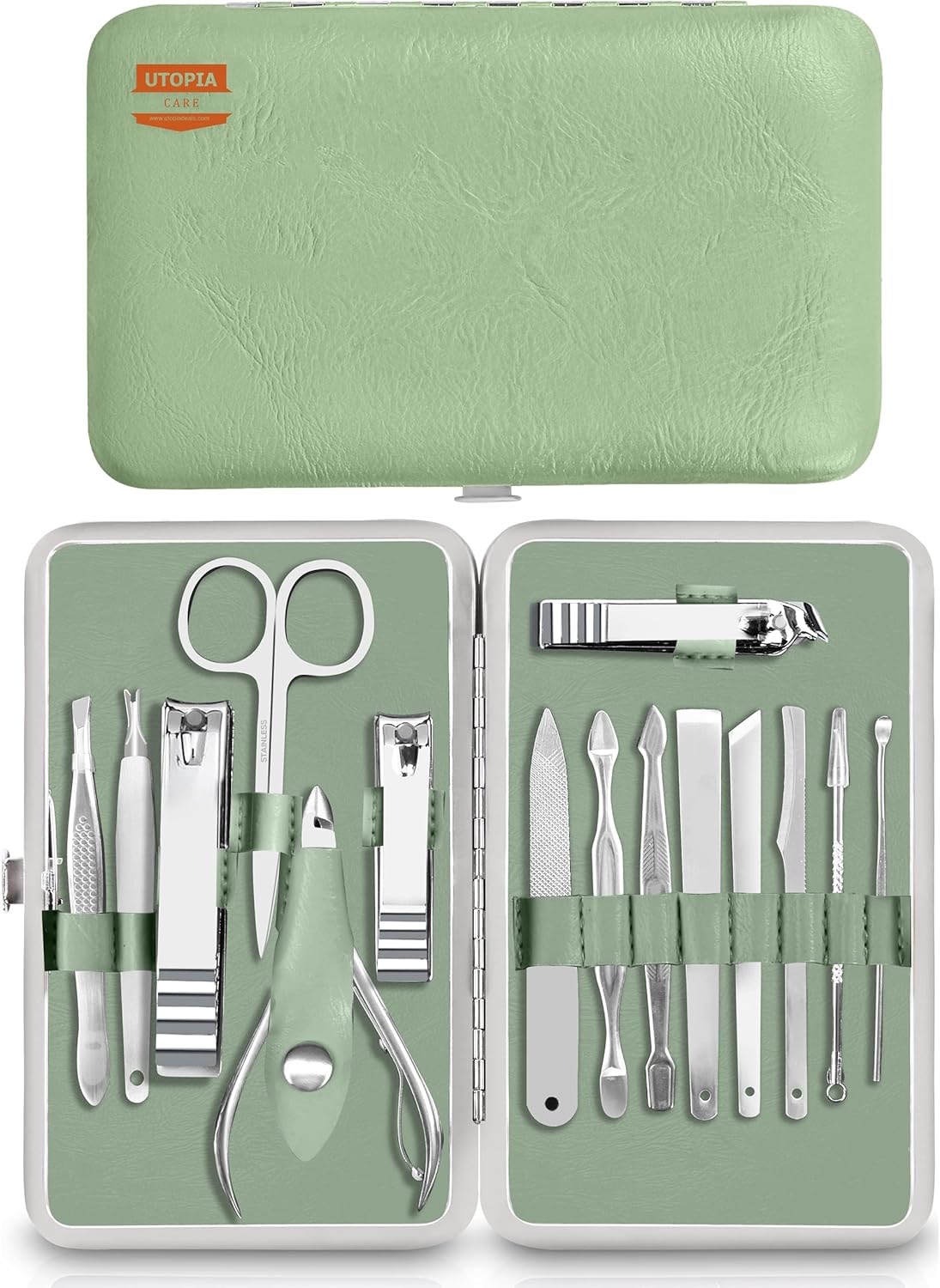 Manicure Kit for Women and Men, Manicure Set with Nail Clippers or Nail Kit Includes Fingernail & Toenail Clippers,15-Pcs Pedicure Kit Stocking Stuffers with Travel Case - Green