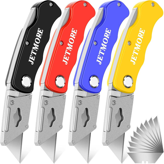 4 Pack Folding Utility Knife, Box Cutter with 10 Blade, Razor Knife | Utility knife for mat board cardboard home office warehouse durable razor knife box opener with clip navajas de trabajo