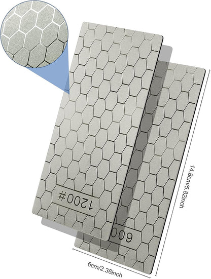 2PCS Diamond Sharpening Stone, Knife Sharpener Stone Whetstone Honeycomb Surface Diamond Sharpener Plate with Non-slip Base for Pocket Knives Scissors, Outdoor Kitchen Tools (600/1200 Grit)