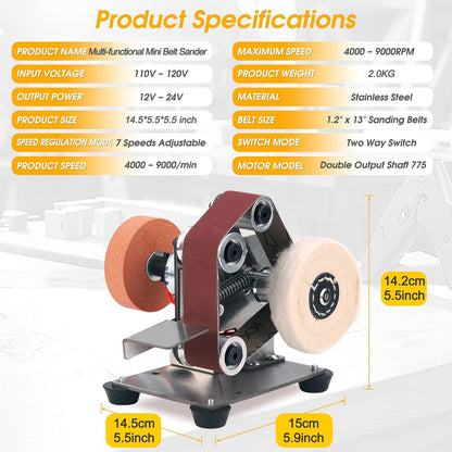 Mini Belt Sander for Knife Making, 3 IN 1 Electric Power Bench Belt Sanders, 7 Adjustable Speed Knife Sharpener Knife Polishing Kit for DIY Metal Woodworking Knife Making (Multi-functional)