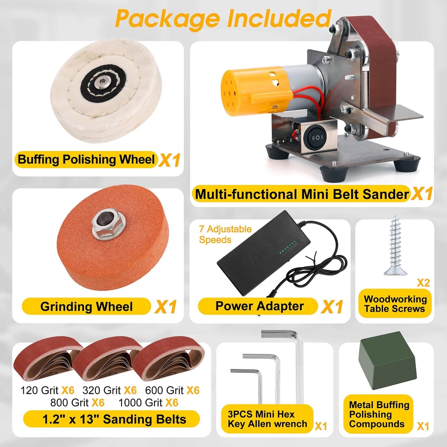 Mini Belt Sander for Knife Making, 3 IN 1 Electric Power Bench Belt Sanders, 7 Adjustable Speed Knife Sharpener Knife Polishing Kit for DIY Metal Woodworking Knife Making (Multi-functional)