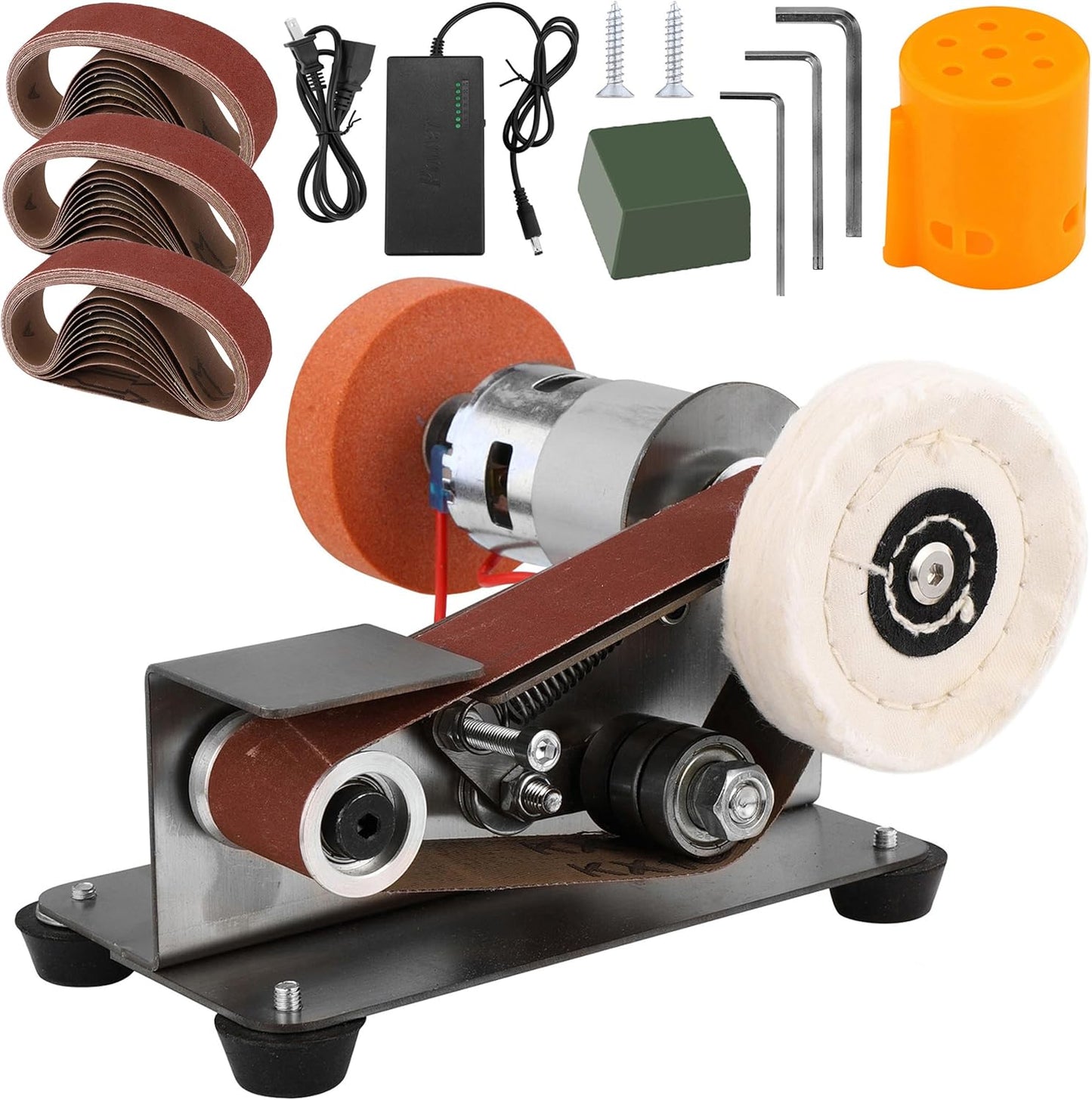 Mini Belt Sander for Knife Making, 3 IN 1 Electric Power Bench Belt Sanders, 7 Adjustable Speed Knife Sharpener Knife Polishing Kit for DIY Metal Woodworking Knife Making (Multi-functional)