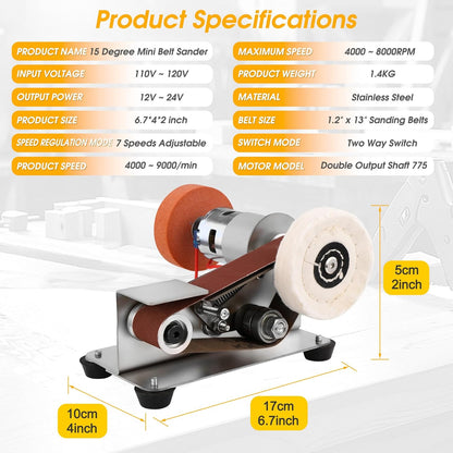 Mini Belt Sander for Knife Making, 3 IN 1 Electric Power Bench Belt Sanders, 7 Adjustable Speed Knife Sharpener Knife Polishing Kit for DIY Metal Woodworking Knife Making (Multi-functional)