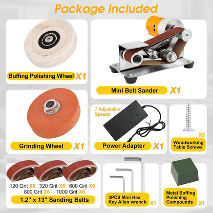 Mini Belt Sander for Knife Making, 3 IN 1 Electric Power Bench Belt Sanders, 7 Adjustable Speed Knife Sharpener Knife Polishing Kit for DIY Metal Woodworking Knife Making (Multi-functional)