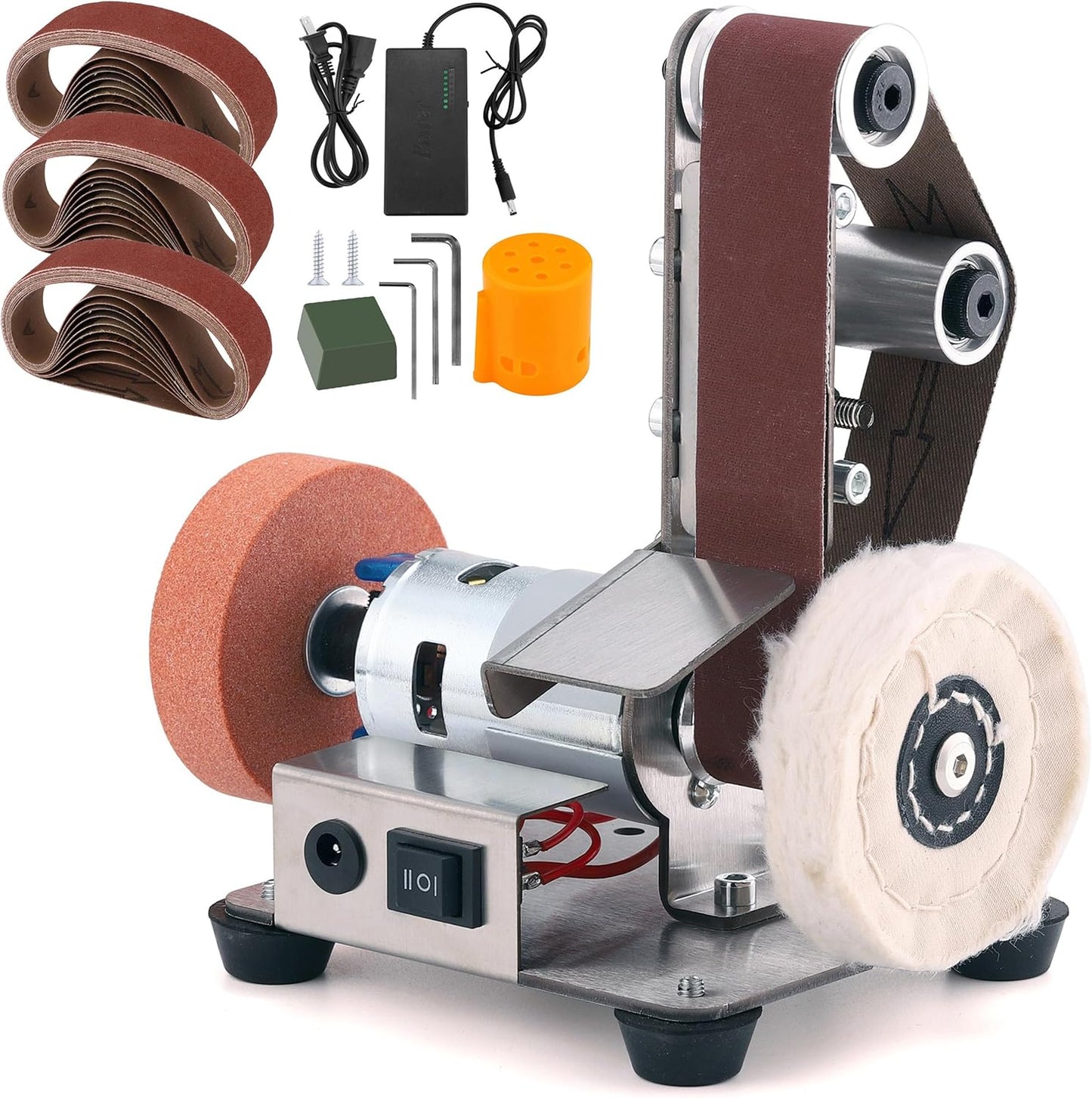 Mini Belt Sander for Knife Making, 3 IN 1 Electric Power Bench Belt Sanders, 7 Adjustable Speed Knife Sharpener Knife Polishing Kit for DIY Metal Woodworking Knife Making (Multi-functional)