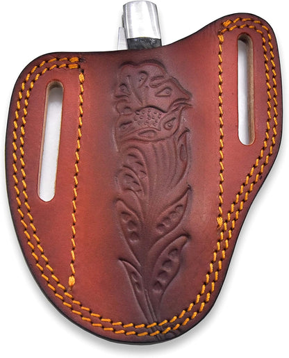 Custom Leather Sheath Slanted Pancake Tooled Leather Sheath/Trapper Knife Sheath/Hunting Knife Sheath 100% Real Laether Cover/Tan Both Side Carry Design (LSB)