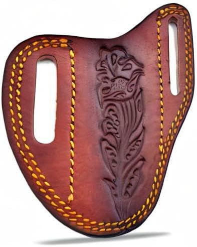 Custom Leather Sheath Slanted Pancake Tooled Leather Sheath/Trapper Knife Sheath/Hunting Knife Sheath 100% Real Laether Cover/Tan Both Side Carry Design (LSB)