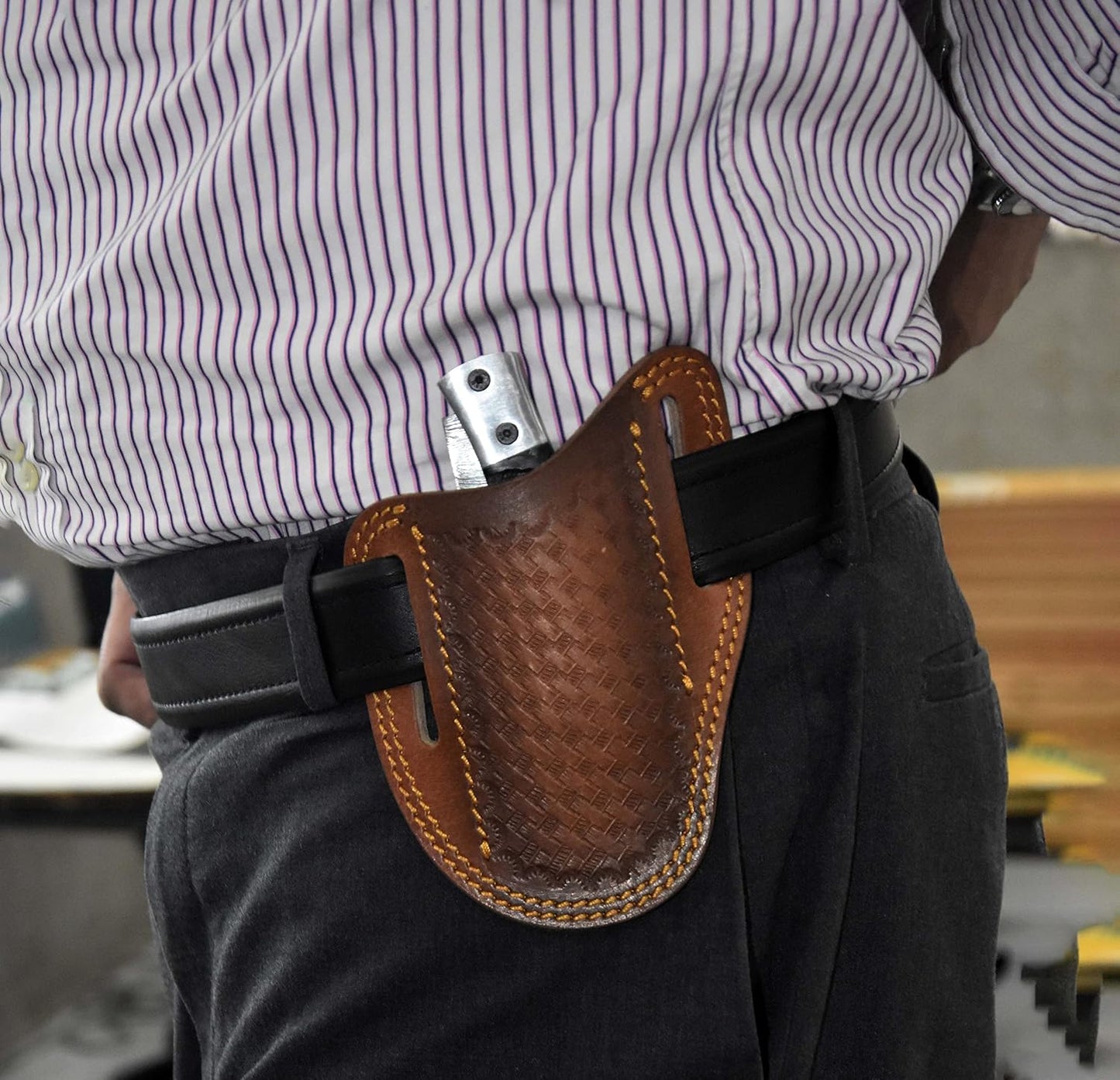 Custom Leather Sheath Slanted Pancake Tooled Leather Sheath/Trapper Knife Sheath/Hunting Knife Sheath 100% Real Laether Cover/Tan Both Side Carry Design (LSB)