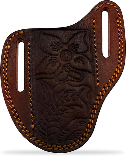 Custom Leather Sheath Slanted Pancake Tooled Leather Sheath/Trapper Knife Sheath/Hunting Knife Sheath 100% Real Laether Cover/Tan Both Side Carry Design (LSB)
