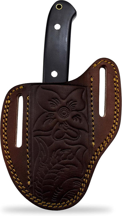 Custom Leather Sheath Slanted Pancake Tooled Leather Sheath/Trapper Knife Sheath/Hunting Knife Sheath 100% Real Laether Cover/Tan Both Side Carry Design (LSB)