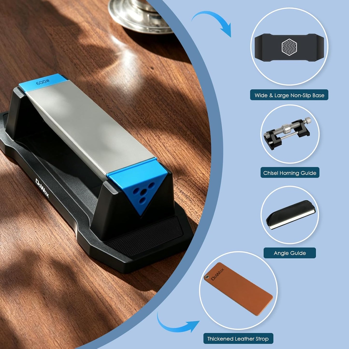 Diamond Knife Sharpener, Larger Sharpening Stone, 360/600/1000 Grit Whetstone Knife Sharpener Kit with Honing Guide, Angle Guide, Leather Strop for Kitchen Knives, Chisels, Tools, Outdoor Gear
