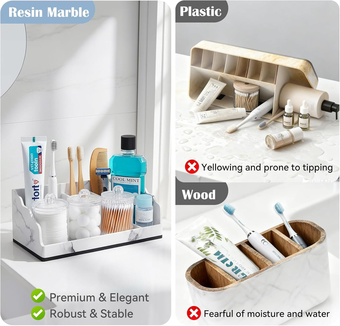 Marble Bathroom Countertop Organizer, Toothbrush Holders for Bathroom with 2PCS Qtip Holder Dispenser and Toothpaste Holder Drainage for Bathroom Accessories Organization Counter Vanity Storage