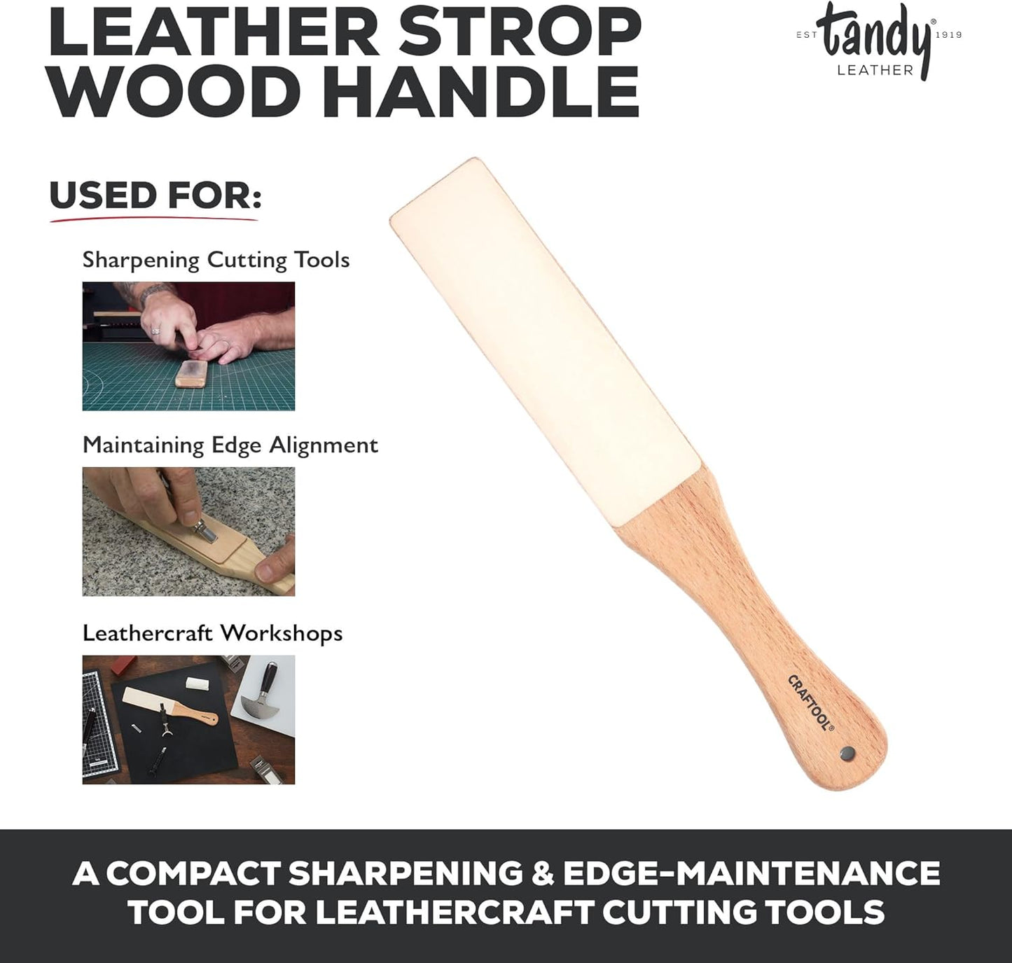 Craftool Leather Strop - with Wood Handle for Knife Sharpening and Edge Alignment - Dual Sided Polishing Surface for Maintaining Blade Edge