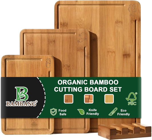 Bamboo Cutting Board, Dark Carbonized Chopping Boards Set of 3 with Stand, Butcher Block with Deep Juice Groove, Non-Toxic Wooden Cutting Boards for Kitchen Meal Prep & Serving