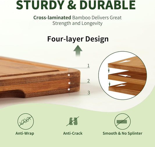 Bamboo Cutting Board, Dark Carbonized Chopping Boards Set of 3 with Stand, Butcher Block with Deep Juice Groove, Non-Toxic Wooden Cutting Boards for Kitchen Meal Prep & Serving
