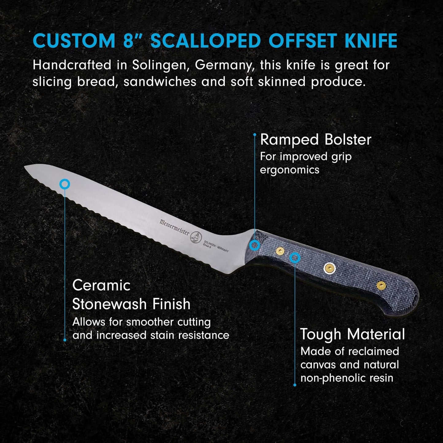 Custom 8” Offset Scalloped Knife - X50 German Stainless Steel - Rust Resistant & Easy to Maintain - Made in Solingen, Germany