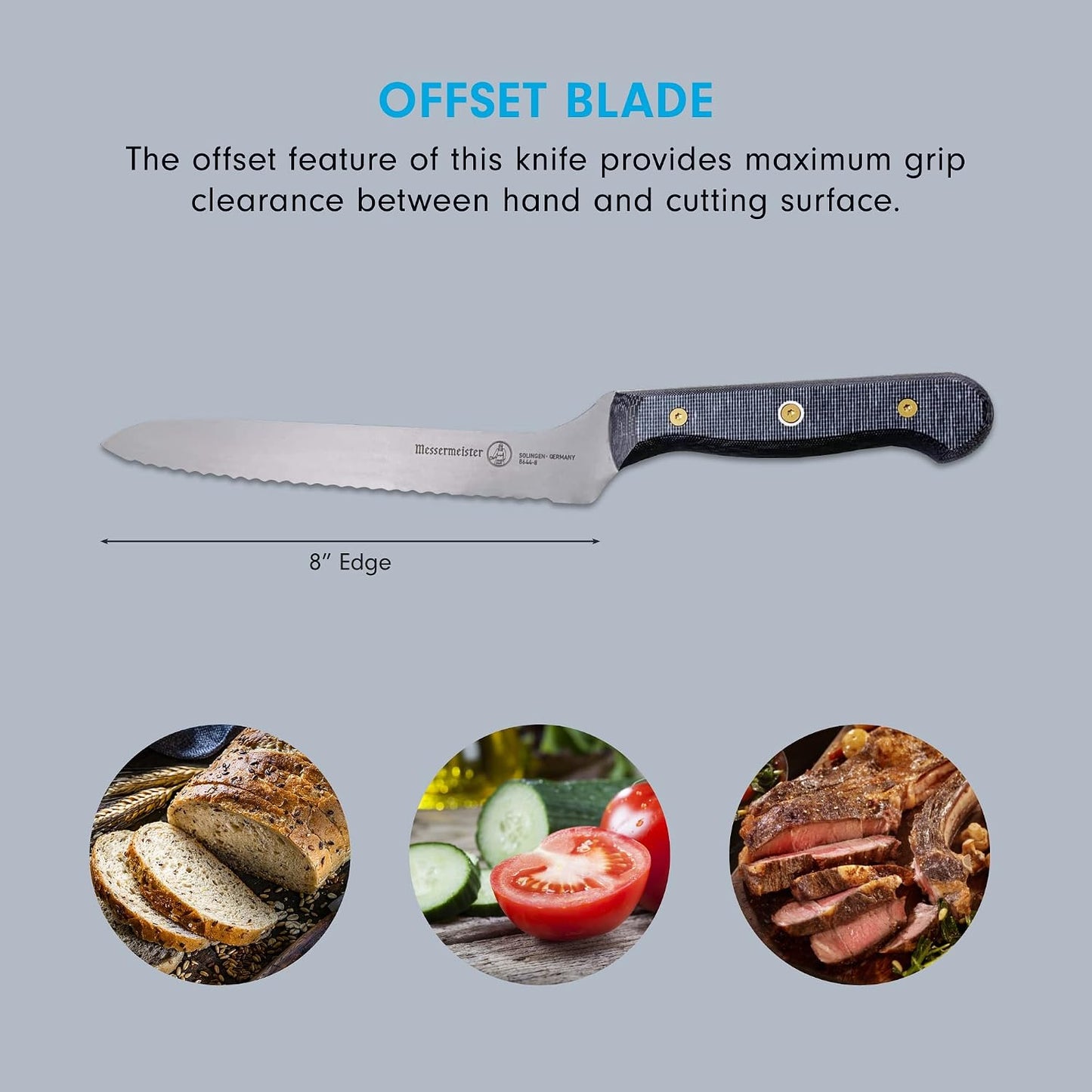 Custom 8” Offset Scalloped Knife - X50 German Stainless Steel - Rust Resistant & Easy to Maintain - Made in Solingen, Germany