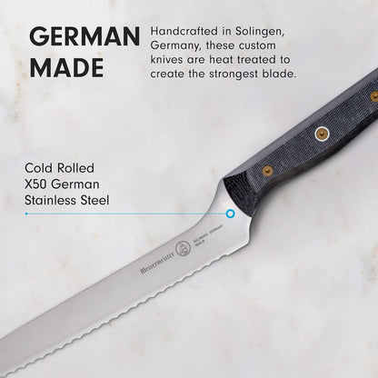Custom 8” Offset Scalloped Knife - X50 German Stainless Steel - Rust Resistant & Easy to Maintain - Made in Solingen, Germany