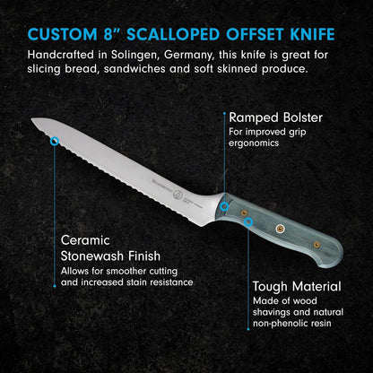 Custom 8” Offset Scalloped Knife - X50 German Stainless Steel - Rust Resistant & Easy to Maintain - Made in Solingen, Germany