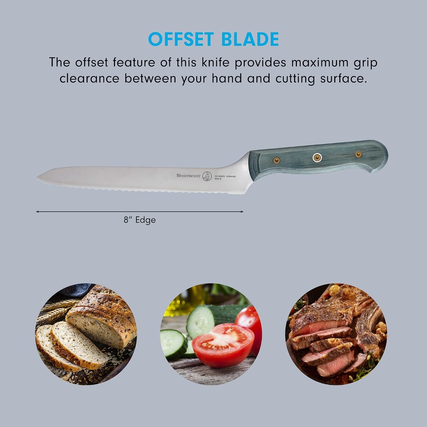 Custom 8” Offset Scalloped Knife - X50 German Stainless Steel - Rust Resistant & Easy to Maintain - Made in Solingen, Germany