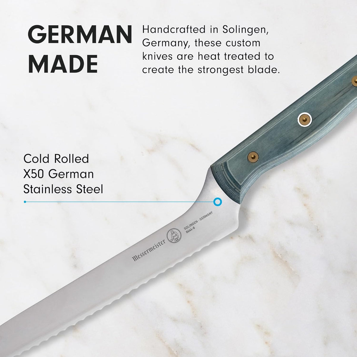 Custom 8” Offset Scalloped Knife - X50 German Stainless Steel - Rust Resistant & Easy to Maintain - Made in Solingen, Germany