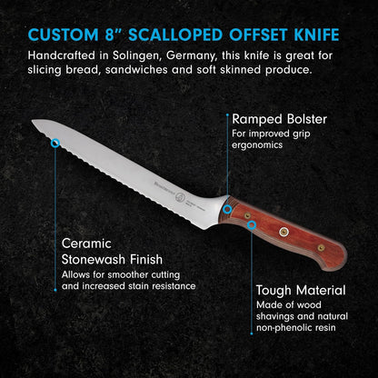 Custom 8” Offset Scalloped Knife - X50 German Stainless Steel - Rust Resistant & Easy to Maintain - Made in Solingen, Germany