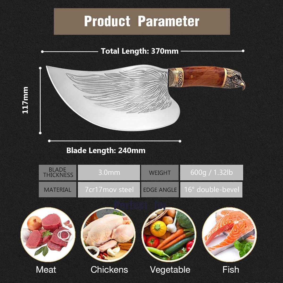 Golden Bird Meat Cleaver Knife, Hand Forged Heavy Duty Bone Chopper | Full Tang High Carbon Steel, Sharp Butcher Knife for Meat Cutting with Wood Handle, Ideal for Kitchen, Camping and BBQ