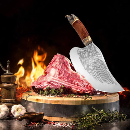 Golden Bird Meat Cleaver Knife, Hand Forged Heavy Duty Bone Chopper | Full Tang High Carbon Steel, Sharp Butcher Knife for Meat Cutting with Wood Handle, Ideal for Kitchen, Camping and BBQ