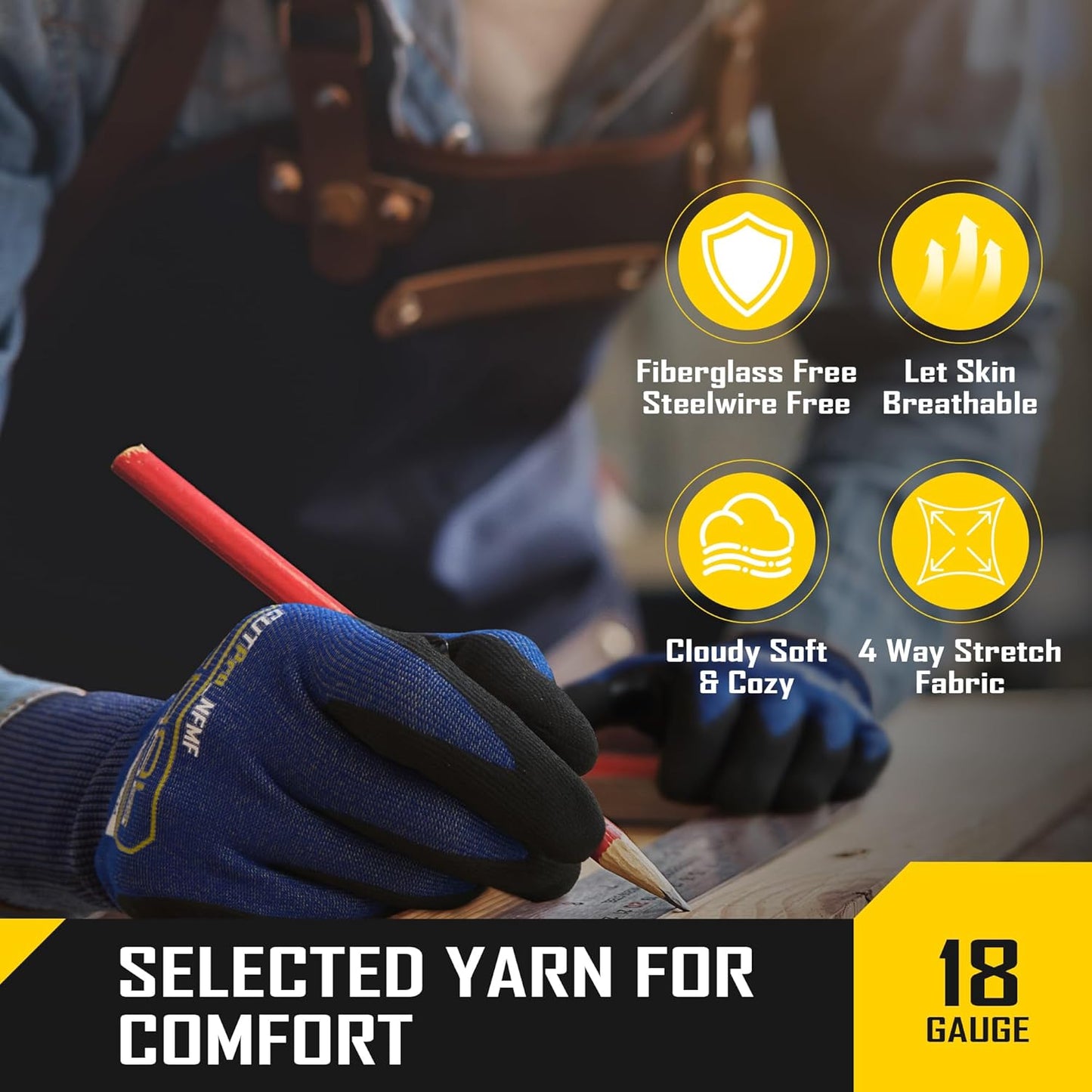 A5 Fiberglass Free Cut Resistant Gloves for Men, Touchscreen, Grip Nitrile Coated, No PFAS, Non Slip, Soft & Durable
