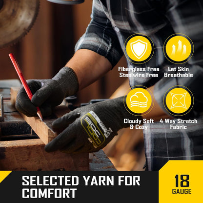 A5 Fiberglass Free Cut Resistant Gloves for Men, Touchscreen, Grip Nitrile Coated, No PFAS, Non Slip, Soft & Durable