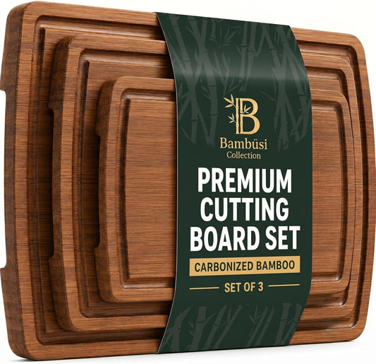 Wooden Cutting Boards for Kitchen - 3 Piece Carbonized Bamboo Cutting Board Set with Deep Juice Groove, Side Handles, Meal Prep Chopping Boards for Meat Vegetables Fruit, Charcuterie Serving Tray