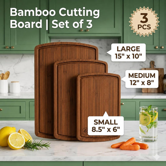 Wooden Cutting Boards for Kitchen - 3 Piece Carbonized Bamboo Cutting Board Set with Deep Juice Groove, Side Handles, Meal Prep Chopping Boards for Meat Vegetables Fruit, Charcuterie Serving Tray