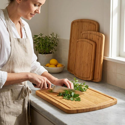 Wooden Cutting Boards for Kitchen - 3 Piece Carbonized Bamboo Cutting Board Set with Deep Juice Groove, Side Handles, Meal Prep Chopping Boards for Meat Vegetables Fruit, Charcuterie Serving Tray