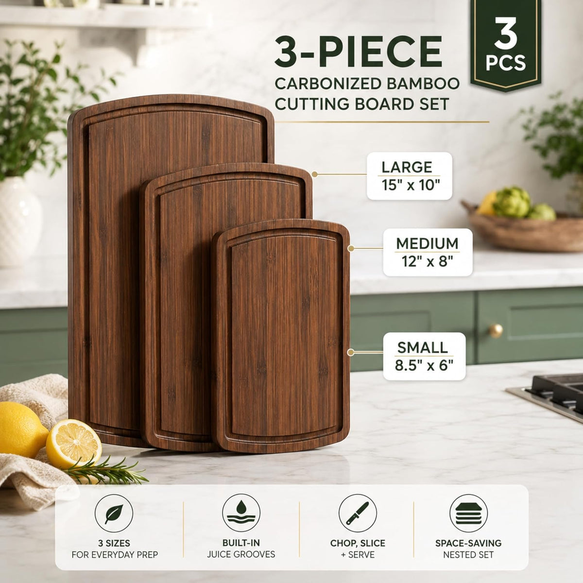 Wooden Cutting Boards for Kitchen - 3 Piece Carbonized Bamboo Cutting Board Set with Deep Juice Groove, Side Handles, Meal Prep Chopping Boards for Meat Vegetables Fruit, Charcuterie Serving Tray