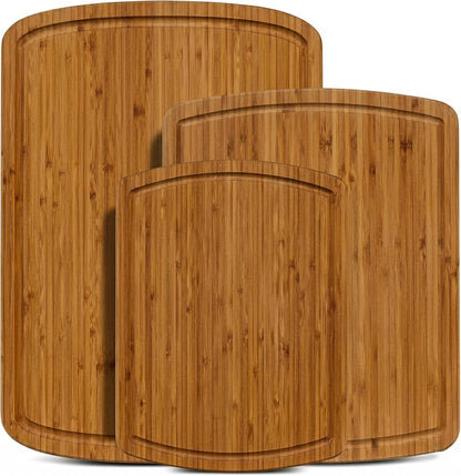 Wooden Cutting Boards for Kitchen - 3 Piece Carbonized Bamboo Cutting Board Set with Deep Juice Groove, Side Handles, Meal Prep Chopping Boards for Meat Vegetables Fruit, Charcuterie Serving Tray