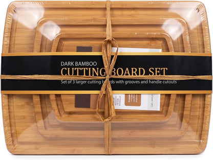 Wooden Cutting Boards for Kitchen - 3 Piece Carbonized Bamboo Cutting Board Set with Deep Juice Groove, Side Handles, Meal Prep Chopping Boards for Meat Vegetables Fruit, Charcuterie Serving Tray