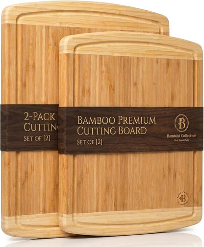 Wooden Cutting Boards for Kitchen - 3 Piece Carbonized Bamboo Cutting Board Set with Deep Juice Groove, Side Handles, Meal Prep Chopping Boards for Meat Vegetables Fruit, Charcuterie Serving Tray