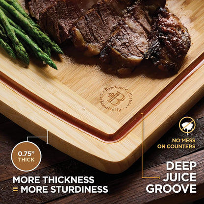 Wooden Cutting Boards for Kitchen - 3 Piece Carbonized Bamboo Cutting Board Set with Deep Juice Groove, Side Handles, Meal Prep Chopping Boards for Meat Vegetables Fruit, Charcuterie Serving Tray