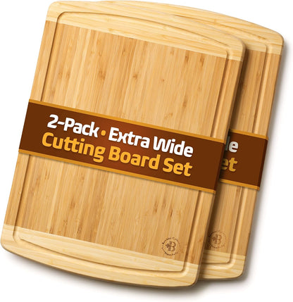 Wooden Cutting Boards for Kitchen - 3 Piece Carbonized Bamboo Cutting Board Set with Deep Juice Groove, Side Handles, Meal Prep Chopping Boards for Meat Vegetables Fruit, Charcuterie Serving Tray
