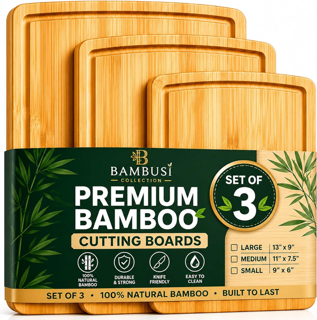 Wooden Cutting Boards for Kitchen - 3 Piece Carbonized Bamboo Cutting Board Set with Deep Juice Groove, Side Handles, Meal Prep Chopping Boards for Meat Vegetables Fruit, Charcuterie Serving Tray