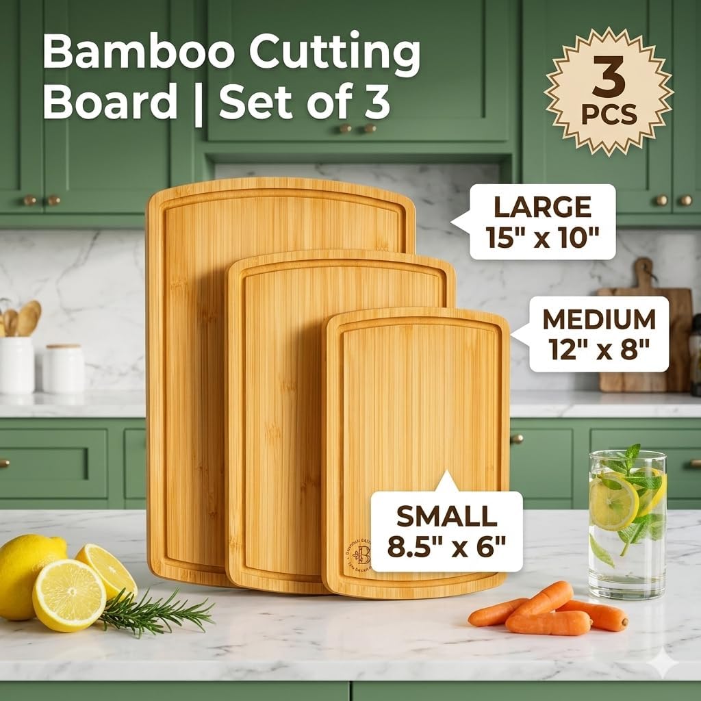 Wooden Cutting Boards for Kitchen - 3 Piece Carbonized Bamboo Cutting Board Set with Deep Juice Groove, Side Handles, Meal Prep Chopping Boards for Meat Vegetables Fruit, Charcuterie Serving Tray