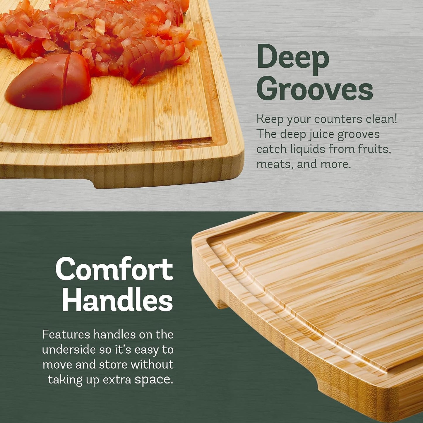 Wooden Cutting Boards for Kitchen - 3 Piece Carbonized Bamboo Cutting Board Set with Deep Juice Groove, Side Handles, Meal Prep Chopping Boards for Meat Vegetables Fruit, Charcuterie Serving Tray