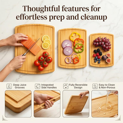 Wooden Cutting Boards for Kitchen - 3 Piece Carbonized Bamboo Cutting Board Set with Deep Juice Groove, Side Handles, Meal Prep Chopping Boards for Meat Vegetables Fruit, Charcuterie Serving Tray