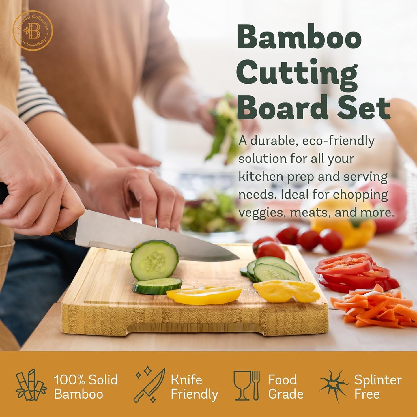 Wooden Cutting Boards for Kitchen - 3 Piece Carbonized Bamboo Cutting Board Set with Deep Juice Groove, Side Handles, Meal Prep Chopping Boards for Meat Vegetables Fruit, Charcuterie Serving Tray