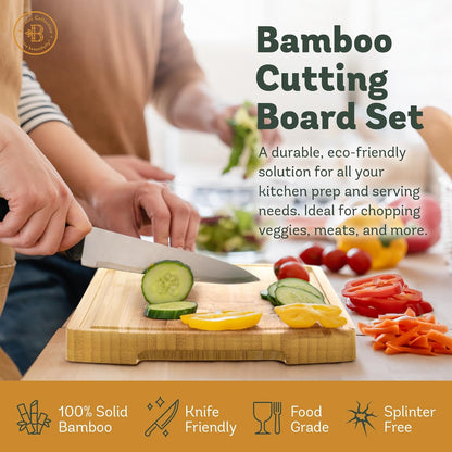 Wooden Cutting Boards for Kitchen - 3 Piece Carbonized Bamboo Cutting Board Set with Deep Juice Groove, Side Handles, Meal Prep Chopping Boards for Meat Vegetables Fruit, Charcuterie Serving Tray