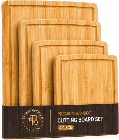 Wooden Cutting Boards for Kitchen - 3 Piece Carbonized Bamboo Cutting Board Set with Deep Juice Groove, Side Handles, Meal Prep Chopping Boards for Meat Vegetables Fruit, Charcuterie Serving Tray