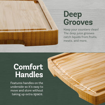 Wooden Cutting Boards for Kitchen - 3 Piece Carbonized Bamboo Cutting Board Set with Deep Juice Groove, Side Handles, Meal Prep Chopping Boards for Meat Vegetables Fruit, Charcuterie Serving Tray
