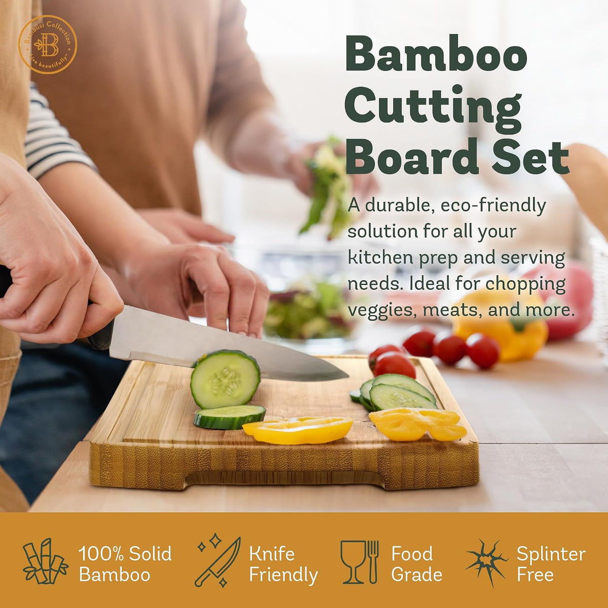 Wooden Cutting Boards for Kitchen - 3 Piece Carbonized Bamboo Cutting Board Set with Deep Juice Groove, Side Handles, Meal Prep Chopping Boards for Meat Vegetables Fruit, Charcuterie Serving Tray